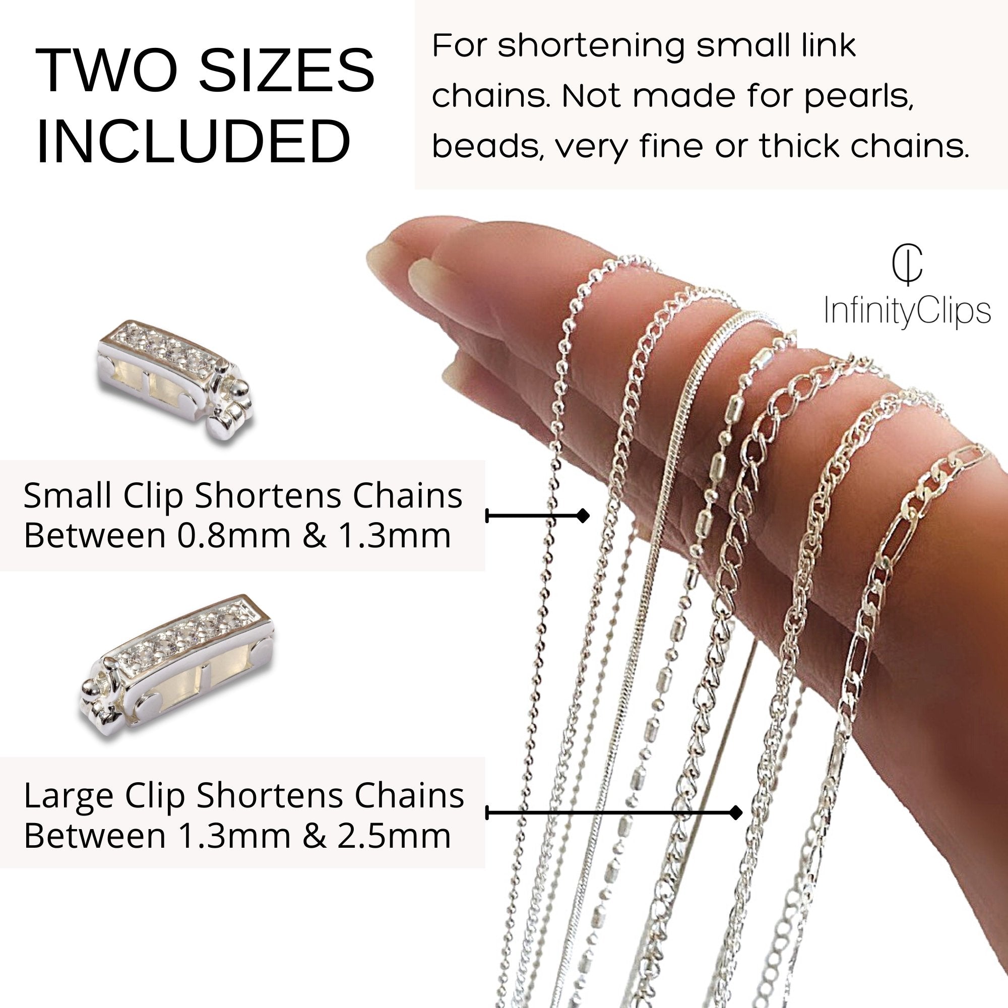 Infinity Clips Necklace Shortener 2 PC Set for Thin Chains 18K Gold Plated Brass Necklace Shortener Clasp with Cubic Zirconia Accents